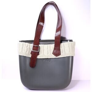 O BAG Classic Rubber Tote Bag Gray with Cream Ribbed Wool Trim Shoulder Bag